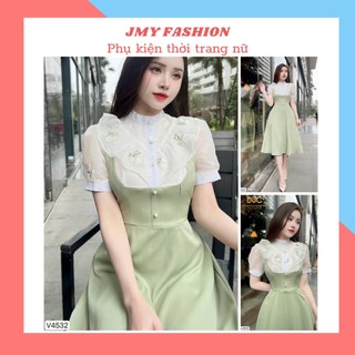 V4532 Váy xanh mint phối voan trắng thêu hoa nhí nữ tính [Dolce Viva Colection (DVC)] váy xanh xòe cổ bèo nữ tính