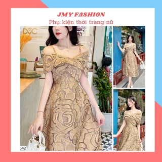 V4542 Váy gấm vân hoa dáng xòe dài trễ vai dự tiệc [Dolce Viva Colection (DVC)] đầm nâu 2 dây thiết kế sang chảnh