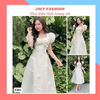 V461 Váy đầm tafta trắng đính hoa nhí 3D cổ tim nữ tính [TH Hà Thanh] váy tafta dáng A xòe tay tay bồng sang chảnh