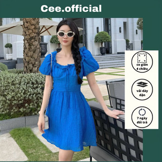 CEE OFFICIAL Đầm ngắn xoè cổ vuông tay bí phồng phối bèo xanh coban NU2