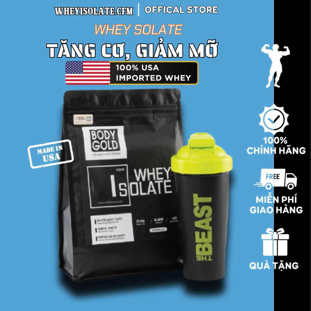Sữa Dưỡng Chất Tăng cơ giảm mỡ Whey Isolate Body Gold Túi 1Kg + Bình Shaker