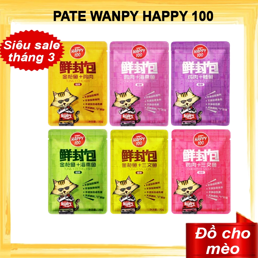 Pate Wanpy Happy gói 70gr Pate Cho Mèo Gồm 7 Vị Có Sợi Thịt Bên Trong Petcare