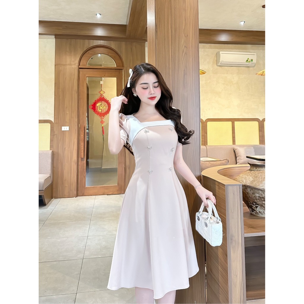 Váy thiết kế cổ vuông dáng xòe đính đá siêu đẹp - vải loại 1 chéo Hàn TN01 | BigBuy360 - bigbuy360.vn