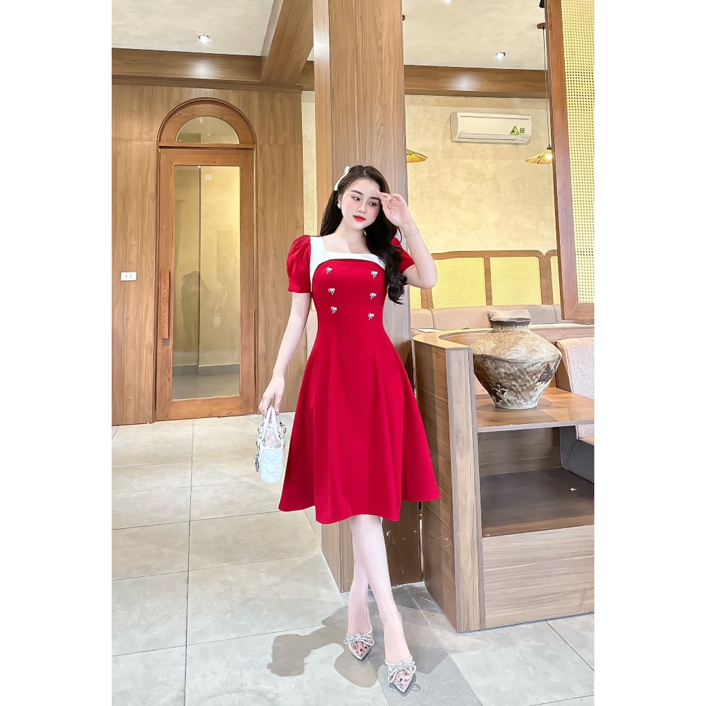 Váy thiết kế cổ vuông dáng xòe đính đá siêu đẹp - vải loại 1 chéo Hàn TN01 | BigBuy360 - bigbuy360.vn