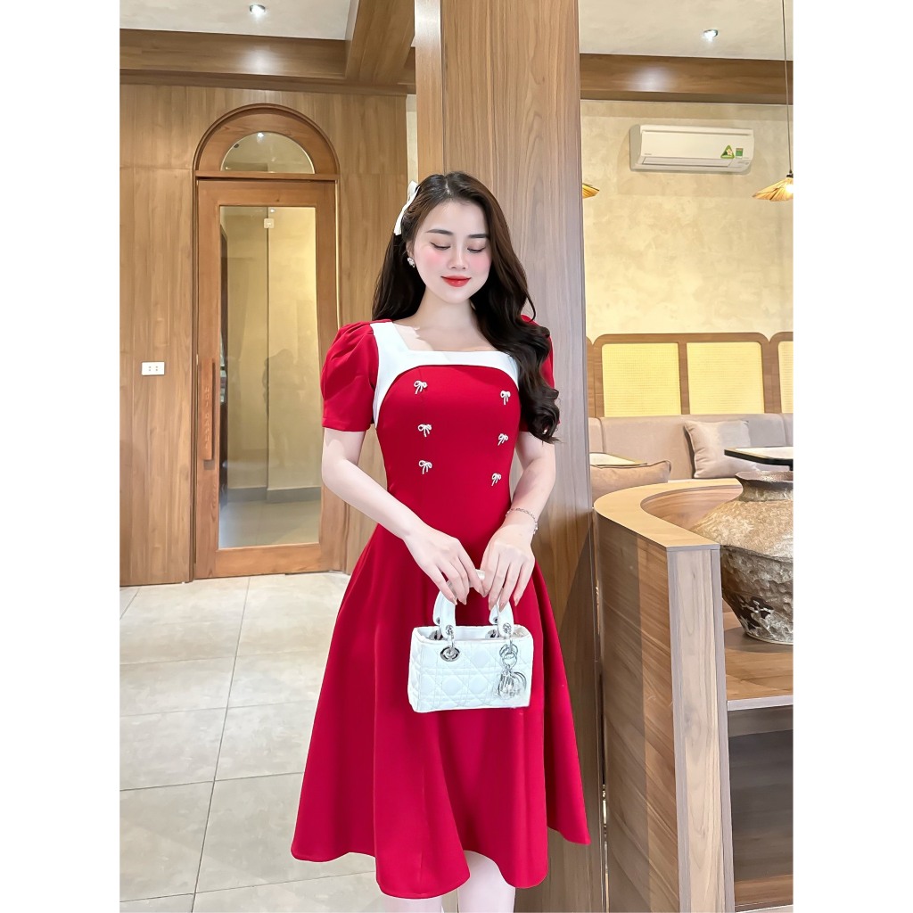 Váy thiết kế cổ vuông dáng xòe đính đá siêu đẹp - vải loại 1 chéo Hàn TN01 | BigBuy360 - bigbuy360.vn