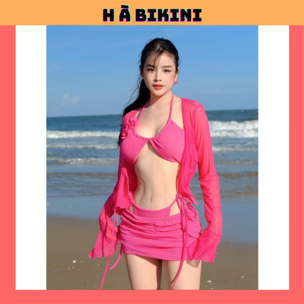 Bộ BIKINI DJMIE hàng thiết kế, tặng hoa cài kèm áo khoát 5 món(ẢNH THẬT)