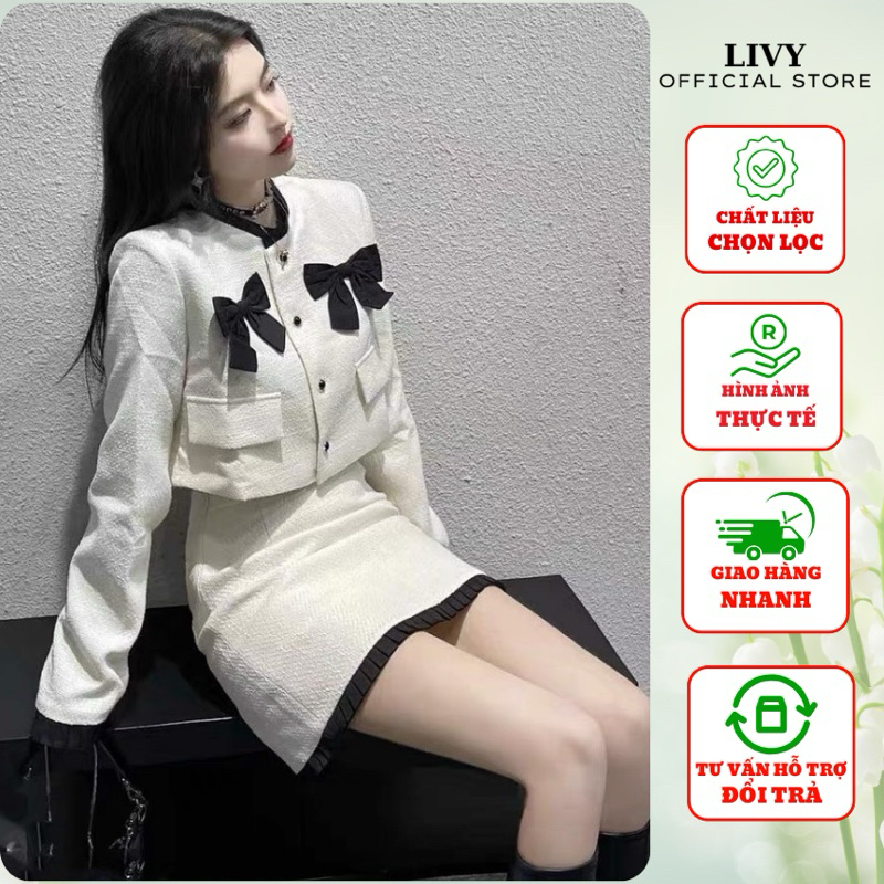 Set Áo Dạ Nữ LIVY Croptop Dài Tay Đính Nơ Phối Chân Váy Chữ A Kẻ Viền SET075