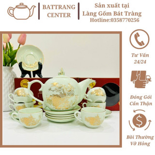 (7 MẪU)Ấm chén pha trà Bát Tràng men Ngọc vẽ Vàng kim Vinh Hoa Phú Quý,Công Danh Tài Lộc