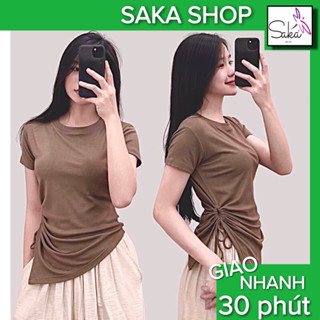 Áo thun nữ tay ngắn xoắn eo sẻ tà