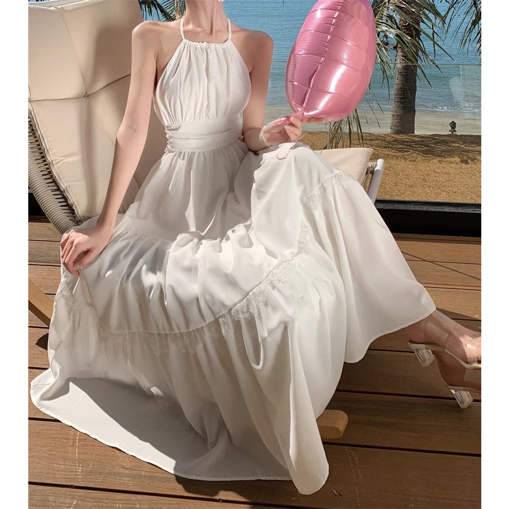 Đầm đi biển - Váy cổ yếm thiết kế thắt nơ lưng, Chất đũi lụa QC chính phẩm, May 2 Lớp Có Sẵn Mút, Mẫu mới 2024 HK Shop | BigBuy360 - bigbuy360.vn