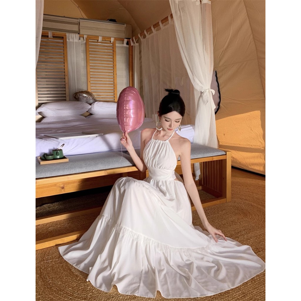 Đầm đi biển - Váy cổ yếm thiết kế thắt nơ lưng, Chất đũi lụa QC chính phẩm, May 2 Lớp Có Sẵn Mút, Mẫu mới 2024 HK Shop | BigBuy360 - bigbuy360.vn