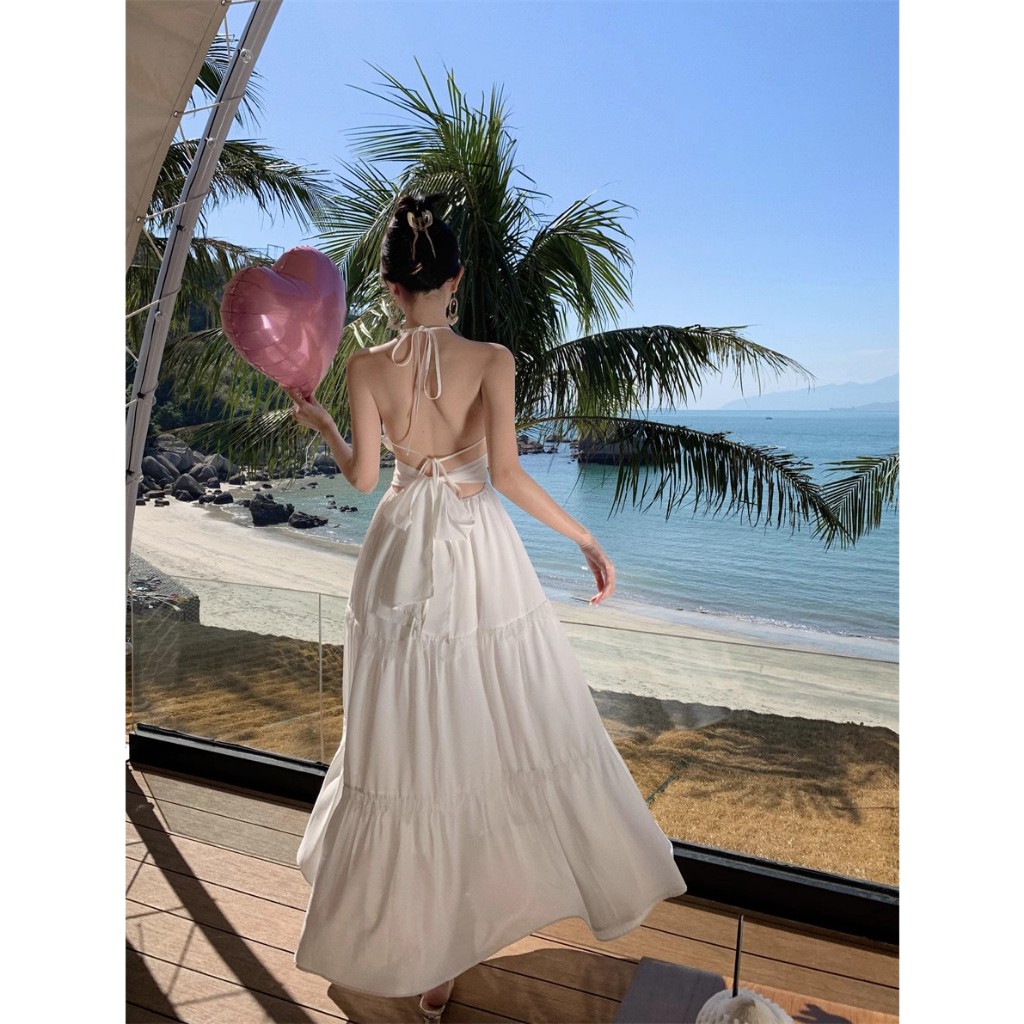 Đầm đi biển - Váy cổ yếm thiết kế thắt nơ lưng, Chất đũi lụa QC chính phẩm, May 2 Lớp Có Sẵn Mút, Mẫu mới 2024 HK Shop | BigBuy360 - bigbuy360.vn