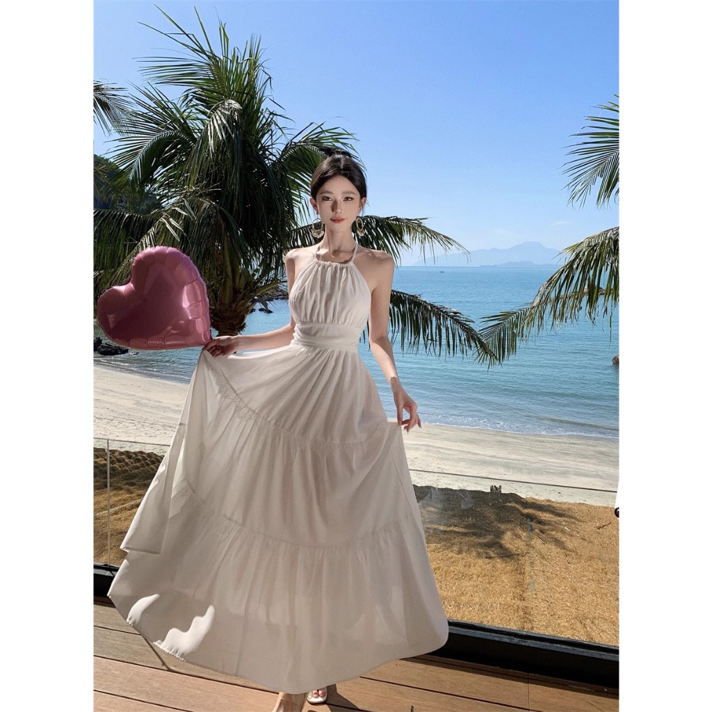 Đầm đi biển - Váy cổ yếm thiết kế thắt nơ lưng, Chất đũi lụa QC chính phẩm, May 2 Lớp Có Sẵn Mút, Mẫu mới 2024 HK Shop | BigBuy360 - bigbuy360.vn