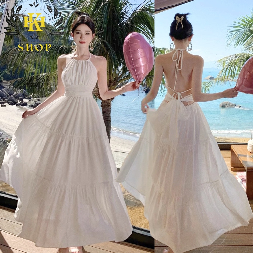 Đầm đi biển - Váy cổ yếm thiết kế thắt nơ lưng, Chất đũi lụa QC chính phẩm, May 2 Lớp Có Sẵn Mút, Mẫu mới 2024 HK Shop
