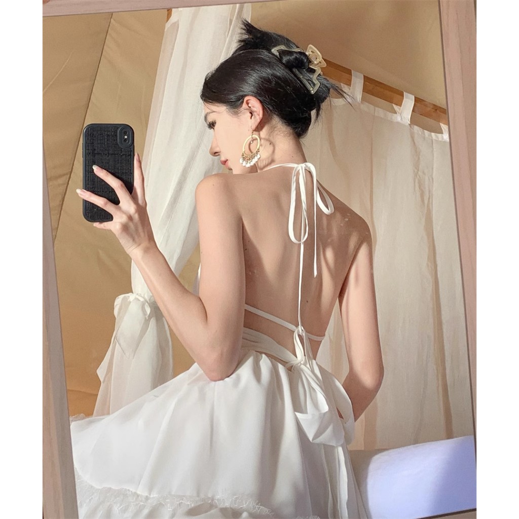 Đầm đi biển - Váy cổ yếm thiết kế thắt nơ lưng, Chất đũi lụa QC chính phẩm, May 2 Lớp Có Sẵn Mút, Mẫu mới 2024 HK Shop | BigBuy360 - bigbuy360.vn