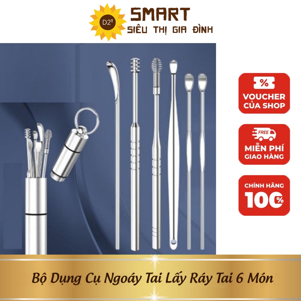 Bộ Dụng Cụ Ngoáy Tai Lấy Ráy Tai 6 Món Bằng Thép Không Gỉ Cao Cấp Cho Gia Đình