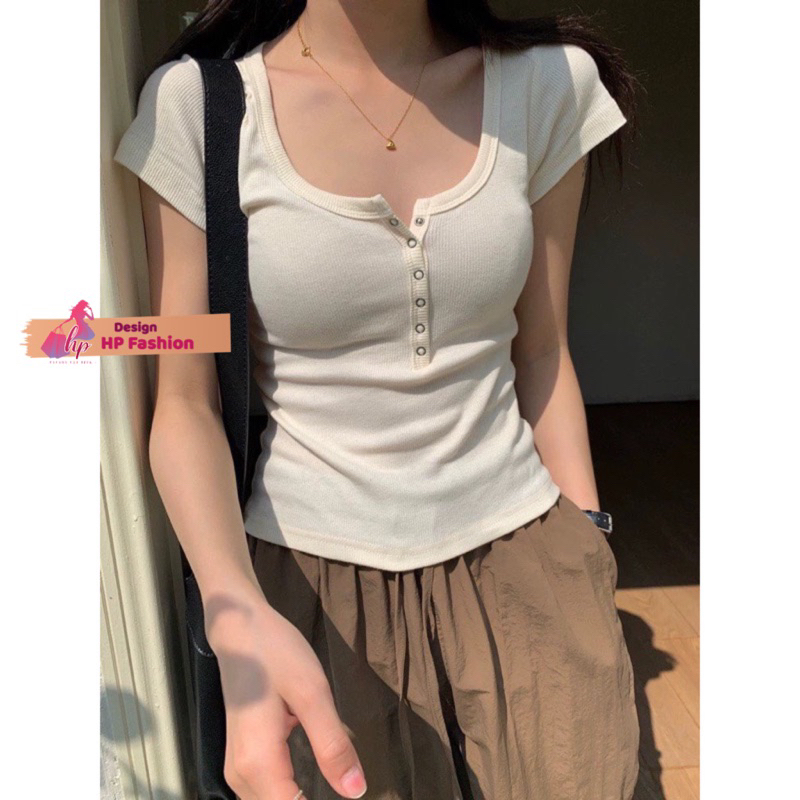 Áo thun body tay ngắn màu đen trắng cúc bấm HP FASHIONTREND áo kiểu nữ thun co giãn ôm body xinh G697