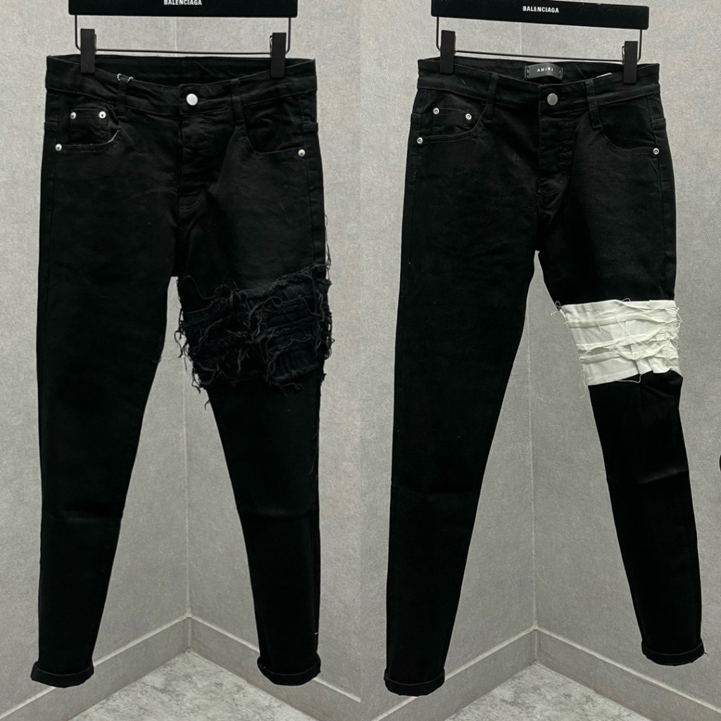 Quần jean bò nam Amiri slimfit đen trơn thêu 4 sọc vải rách tua đùi 4 cúc cài đơn giản boy phố QJ480P