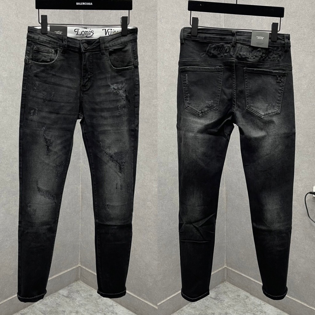 Quần jean bò nam Eo Vì slimfit đen mài rách xước cào thêu vạch cạp trong phối dệt chữ sau mông QJ474P