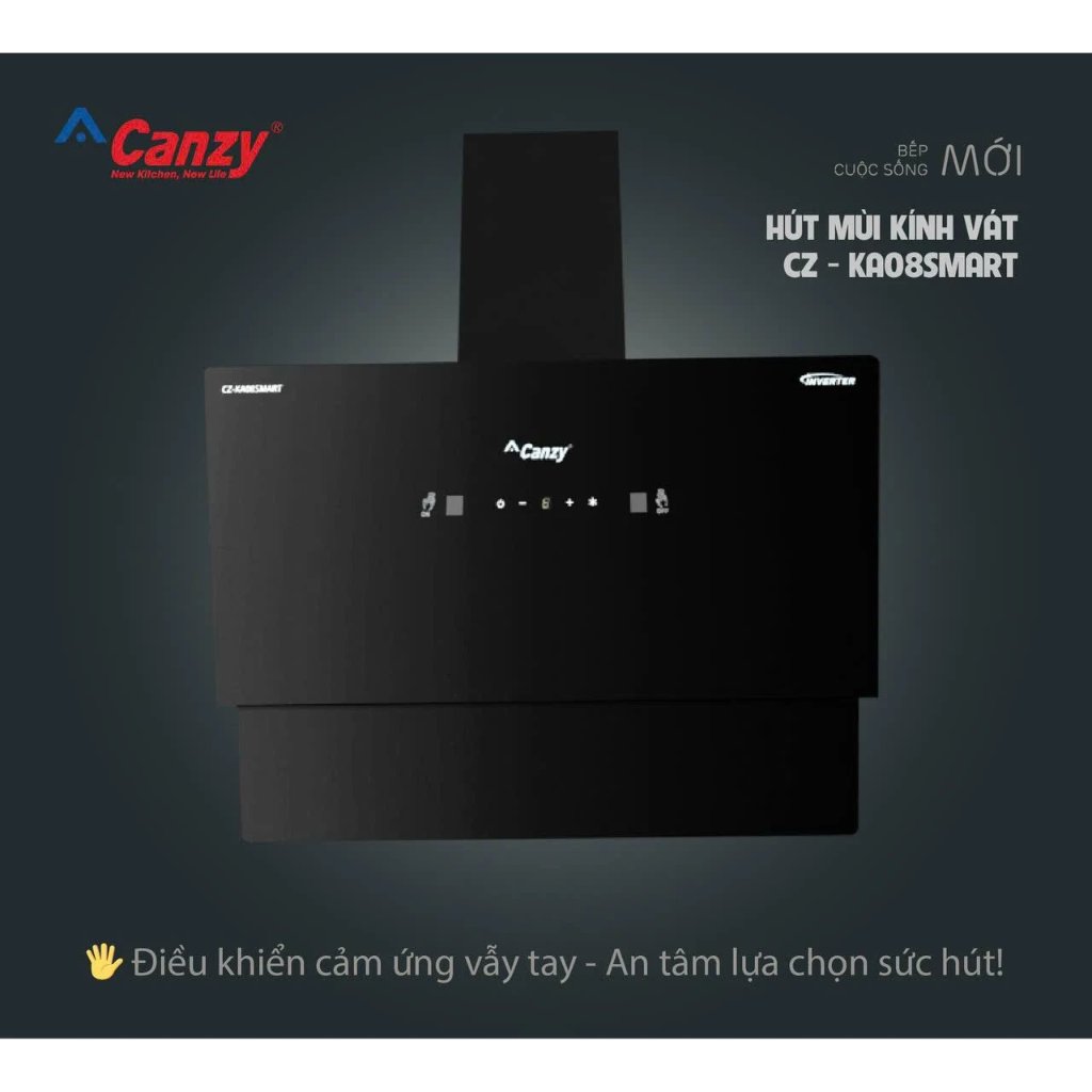 Máy hút mùi kính vát Canzy CZ-KA08 Smart Điều khiển cảm ứng, vẫy tay cảm biến, Lực hút siêu khoẻ