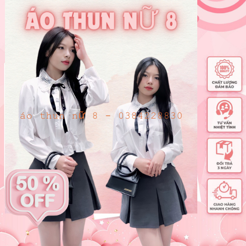 Áo sơ mi nữ dài tay kèm nơ, áo sơ mi nữ màu trắng siêu đẹp đính kèm nơ đen siêu dễ thương by Cimie C