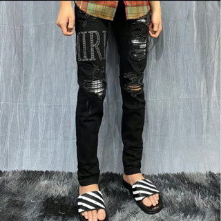 Quần Jean Nam Đen Xậm Thêu Chữ AMIRI Da Trắng Gối đc vá Da Cứng Siêu Bền Quần Bò Nam Chất Liệu Dehim Chất Lượng Cao