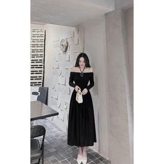 Đầm nữ bẹt vai chất tâm lạnh phối dây cổ nhún eo kèm tag đá dáng váy dài xòe cực kì sang chảnh thanh lịch