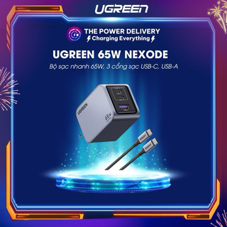 Bộ sạc nhanh ugreen 65w nexode gan pro, 3 cổng sạc usb-c/usb-a, tặng kèm cáp sạc nhanh type-c 100w 1.5m, bh 12 tháng