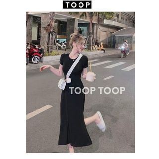 Váy dài cổ tròn dáng xoè chữ A xẻ gấu cổ tròn cộc tay - Đầm thun co giãn thoải mái màu đen- TOOP MALL V153