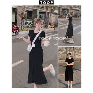 Váy dài cổ tròn dáng xoè chữ A xẻ gấu cổ tròn cộc tay - Đầm thun co giãn thoải mái màu đen đơn giản basic - TOOP V153