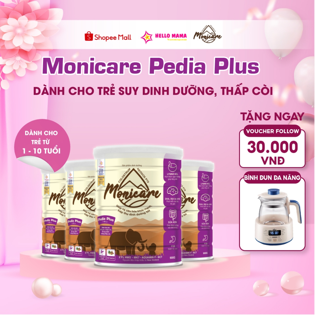 Combo 4 Sữa bột Monicare Pedia Plus cho trẻ 1-10 tuổi giúp Tiêu Hóa Khỏe, Hấp Thụ Tốt cho trẻ biếng ăn, thấp còi - 900G