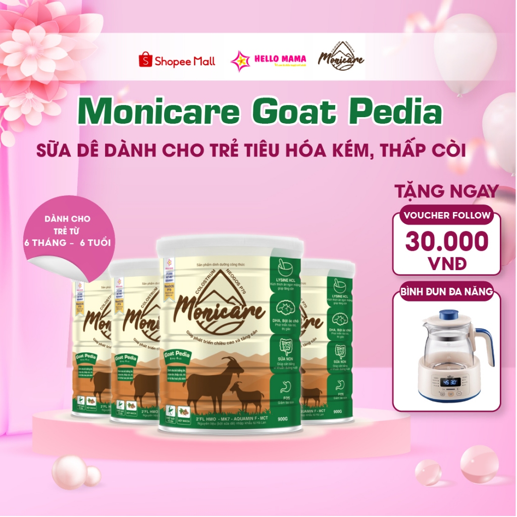 Combo 4 Sữa dê Monicare Goat Pedia cho trẻ dưới 6 tuổi bị dị ứng đạm sữa bò Giúp Tăng Cân, Hết Biếng Ăn - Hộp 900G
