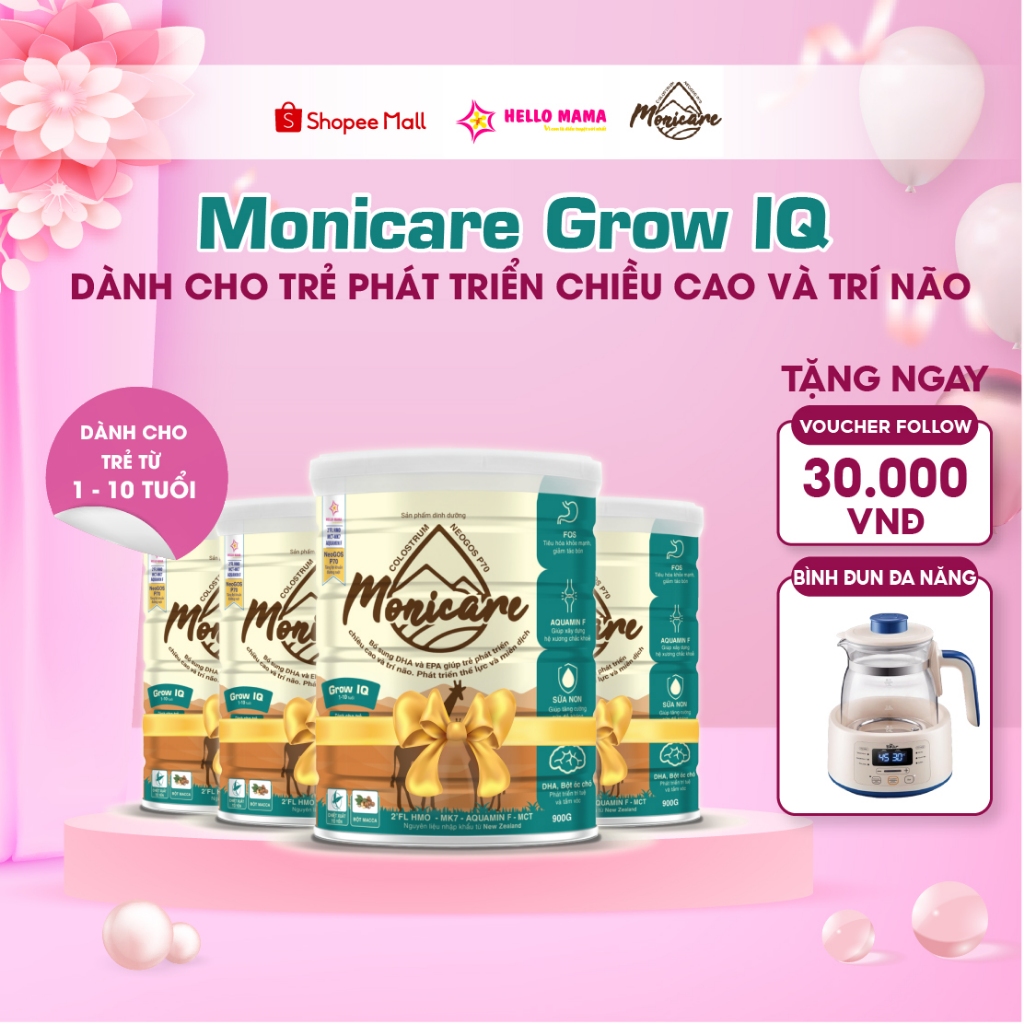 Combo 4 Sữa bột Monicare Grow IQ cho trẻ 1-10 tuổi giúp Phát Triển chiều cao và trí não - Hộp 900G