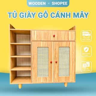 Tủ giày gỗ cánh mây lắp ghép có 3 ngăn tiện ích, tủ đựng giày kèm kệ đa năng và ngăn để đồ đa năng chất gỗ mdf