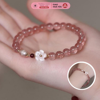 Vòng Tay Ngọc Trai Mix Đá Thạch Anh Dâu 5ly Charm Hoa Xinh - Ngọc Trai Trường Thịnh