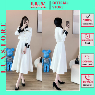 Set váy dạ tiểu thư - bộ đầm dạ dáng dài áo khoác cổ tàu đính cúc đồng kèm chân váy xếp ly dáng xòe lux store134