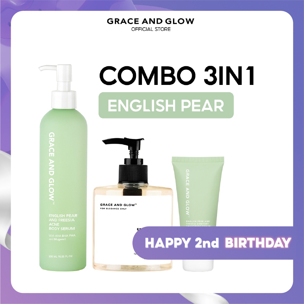 3 in 1 English Pear Combo Sữa tắm, Sữa dưỡng thể và Lăn khử mùi Grace and Glow 400ml + 300ml + 50ml