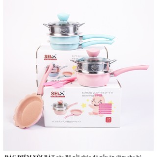 Bộ nồi chảo nấu ăn dặm cho bé Seka, vân đá chống dính, vung kính cường lực tặng kèm xửng hấp