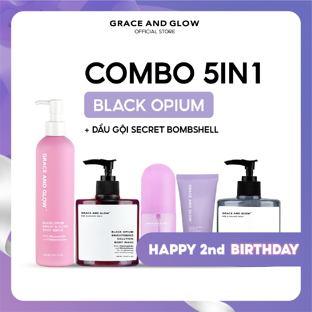 Combo 5in1 Grace and Glow Sữa tắm, dầu gội, sữa dưỡng thể, xịt tóc, lăn khử mùi Black Opium