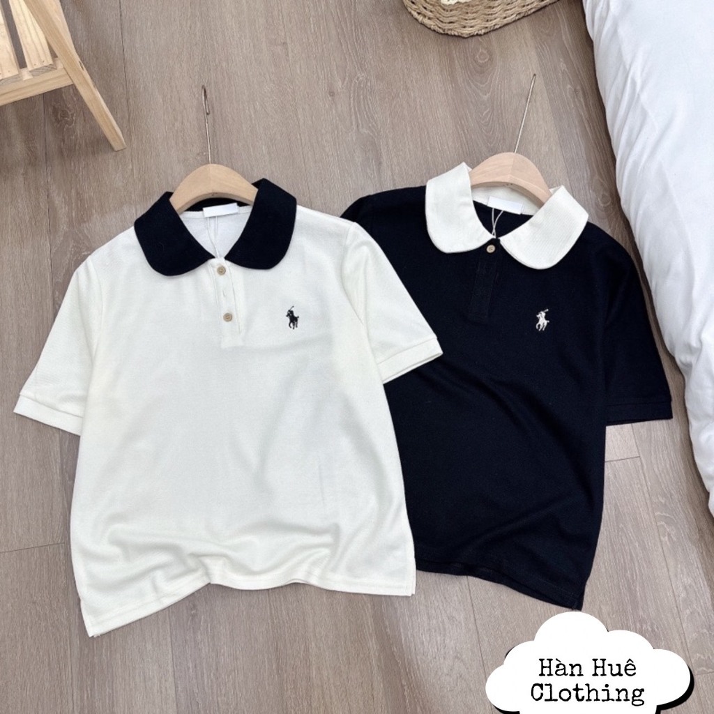 Áo thun nữ cổ bẻ phối màu Thêu Ngựa, Áo polo nữ cổ sen layer chất cotton xước cao cấp thoáng mát