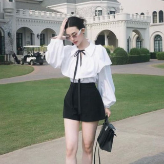 Set bộ nữ áo sơ mi buộc nơ cổ bèo dài tay kèm quần short cạp cao, set áo sơ mi trắng bồng buộc nơ kèm quần đùi cao cấp