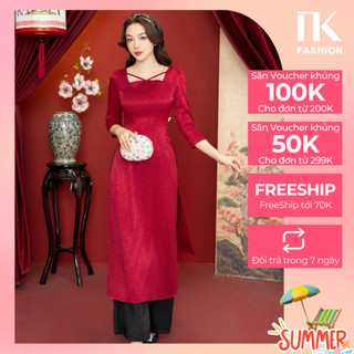 Áo Dài Có Ngọc Hoa Cổ NKDV2312001 NK Fashion Đi Tiệc, Đi Chơi Tết, Chất Liệu Lụa Mềm Mịn, Không Nhăn, Thanh Lịch