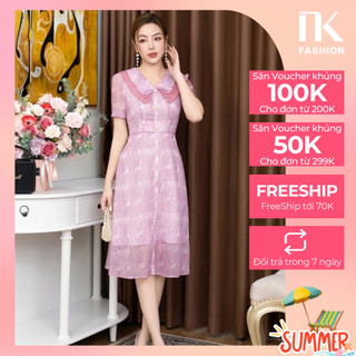 Đầm Tơ Hoa NK FASHION Dáng Xòe Cổ Kép Ngắn Tay Trẻ Trung Thanh Lịch Chất Vải Nhập Hàn Cao Cấp Không Nhăn NKDV2212001