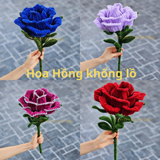 ( Làm sẵn) Hoa handmade, Hoa hồng khổng lồ bằng kẽm nhung, đầy đủ màu sắc, kích thước bông 25cm, cao 40cm