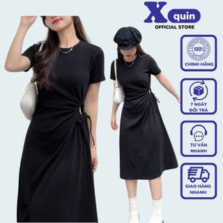 Đầm thun nữ tay ngắn cổ tròn thiết kế rút dây khoét 1 bên eo tôn dáng, Váy suông xoắn eo thờii trang siêu dễ thương