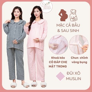 Bộ Bầu Mặc Nhà Và Sau Sinh Đũi Xô Muslin Mềm Nhẹ Mịn Kéo Khóa Cho Con Bú Và Quần Chun Chỉnh Bụng Bella Mama Bn15
