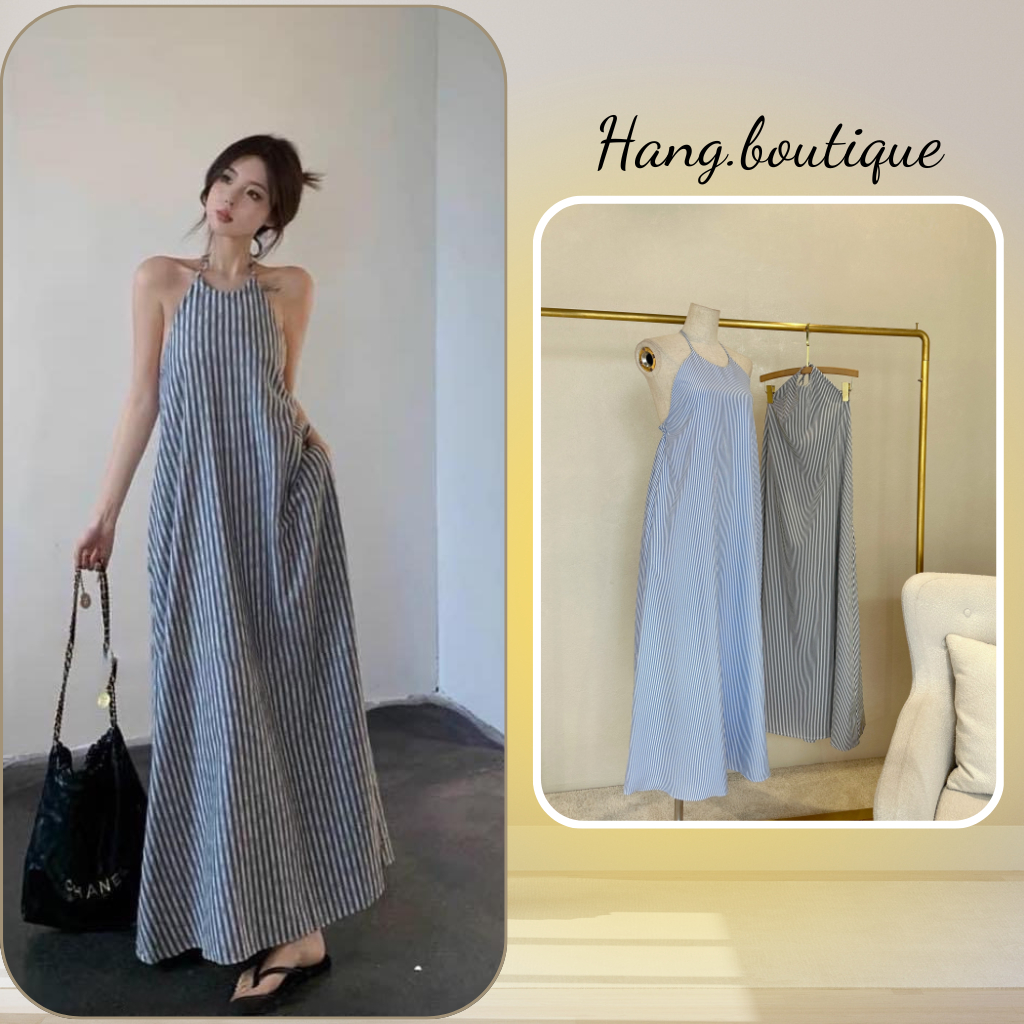 Đầm Maxi Cổ Yếm, Đầm Dáng Dài Kẻ Sọc Thời Trang Mùa Hè Dạo Phố Đi Biển HANGBOUTIQUE - S167
