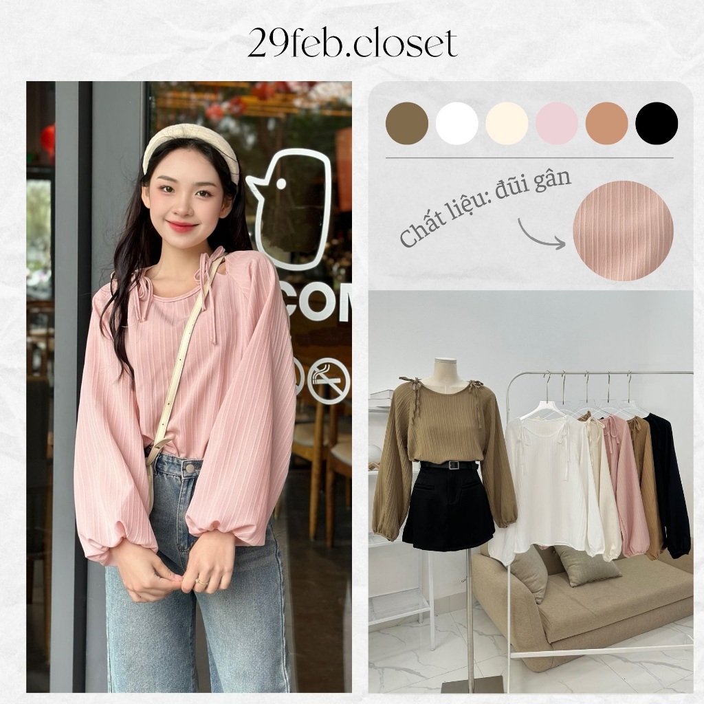 Áo Sơ Mi Nữ Nơ Vai Dài Tay Bo Chun Form Dáng Rộng Chất Đũi Gân Thời Trang Xuân Hè - 29feb.closet - A399