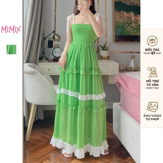 Đầm maxi trơn caro hai dây viền voan MIMIX CJ3245