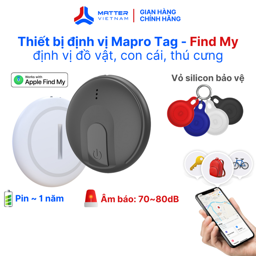 Thiết bị định vị Mapro Tag, định vị vị trí ô tô, xe máy, vật dụng, trẻ em, thú cưng phát âm thanh 70dB,ứng dụng FindMy